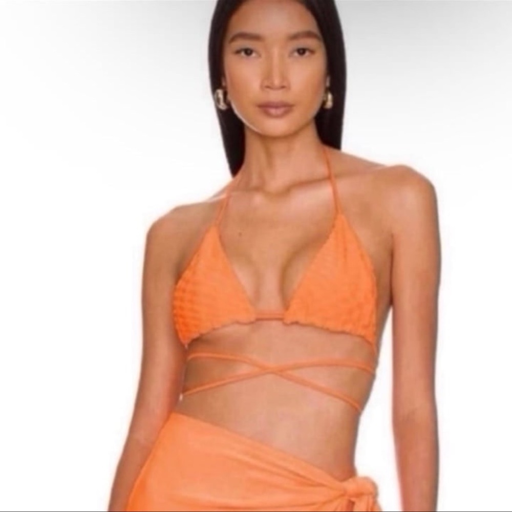 Good American Jacquard Tiny Ties Bikini Wrap Top Orange Cream NWT